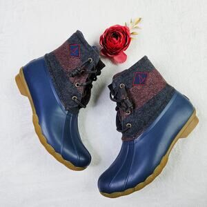Sperry Saltwater Varsity Striped Duck Boots Size 8 Outdoor Rain Boots Wool Cozy